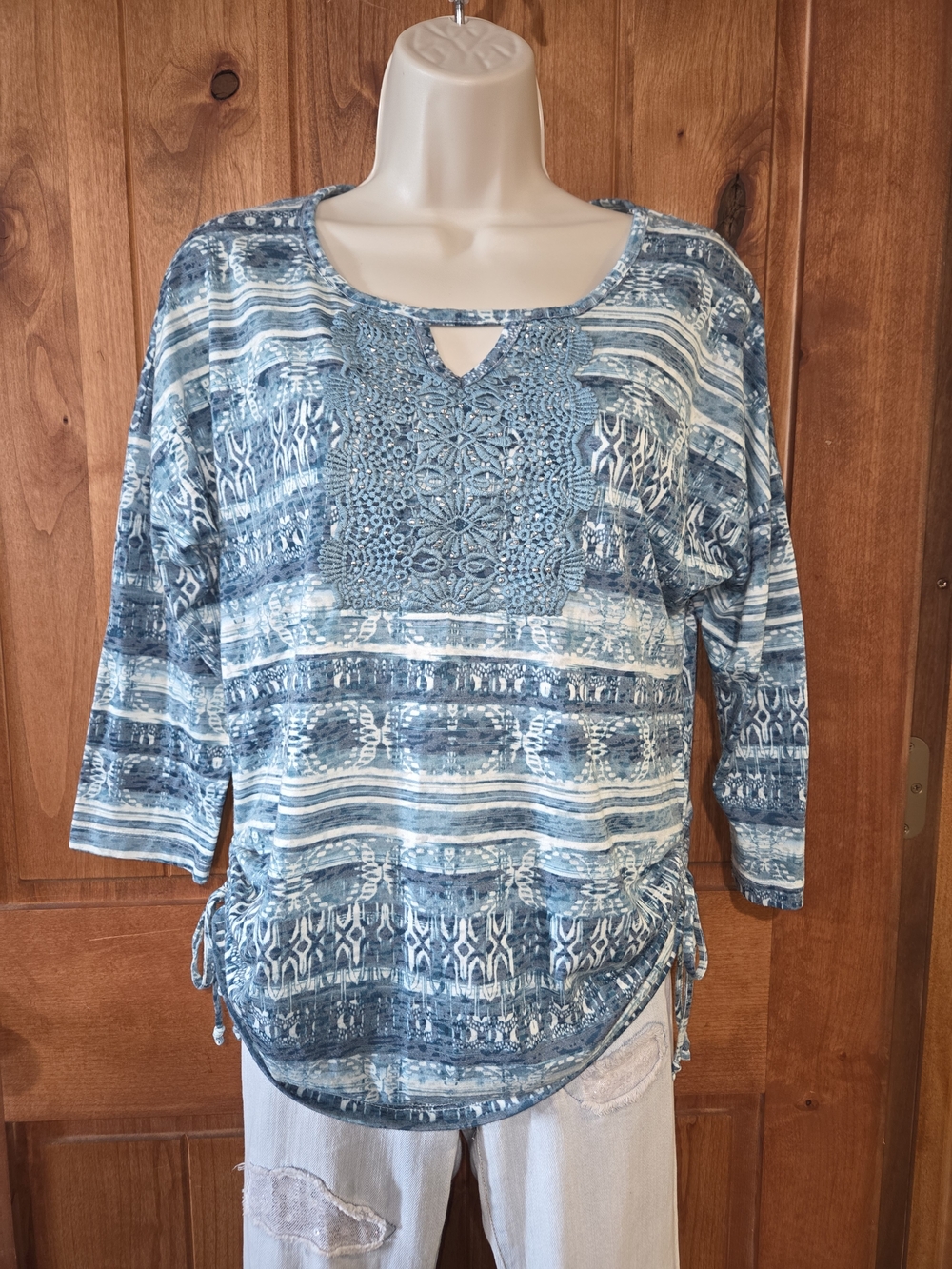 Erika Blue Patterned Crochet-Detail Scoop Neck 3/4 Sleeve Top